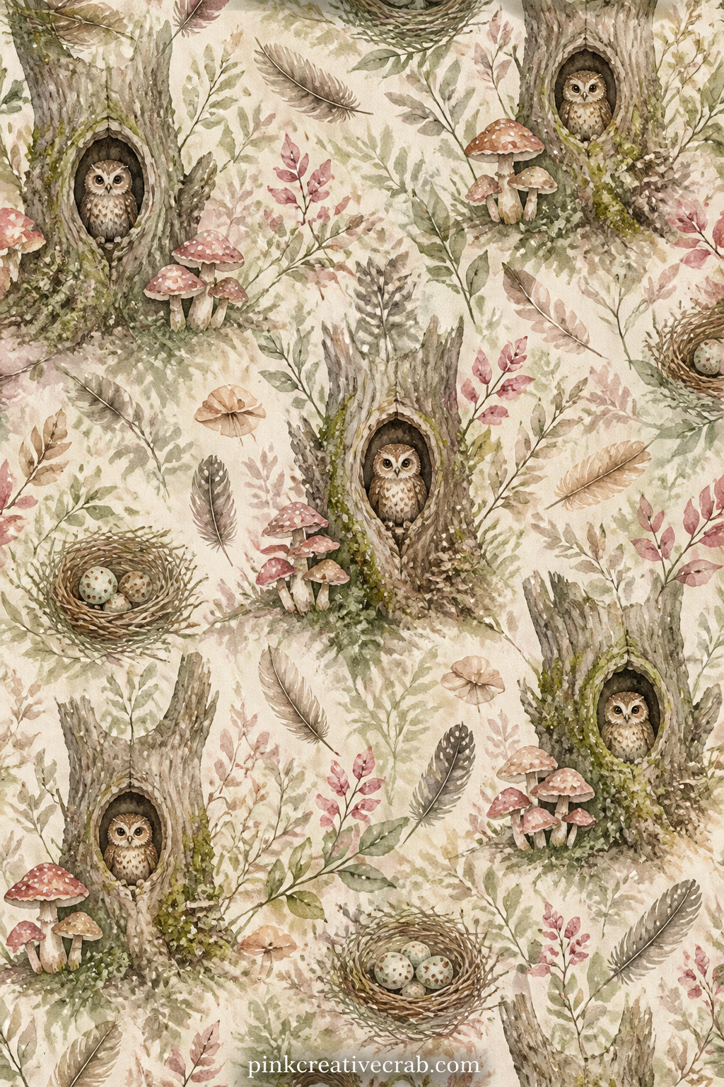 Owl In The Hollow Tree printable page — Owl peers out from a hollow in an old tree trunk, moss and a few mushrooms growing at its base beneath a dusky woodland