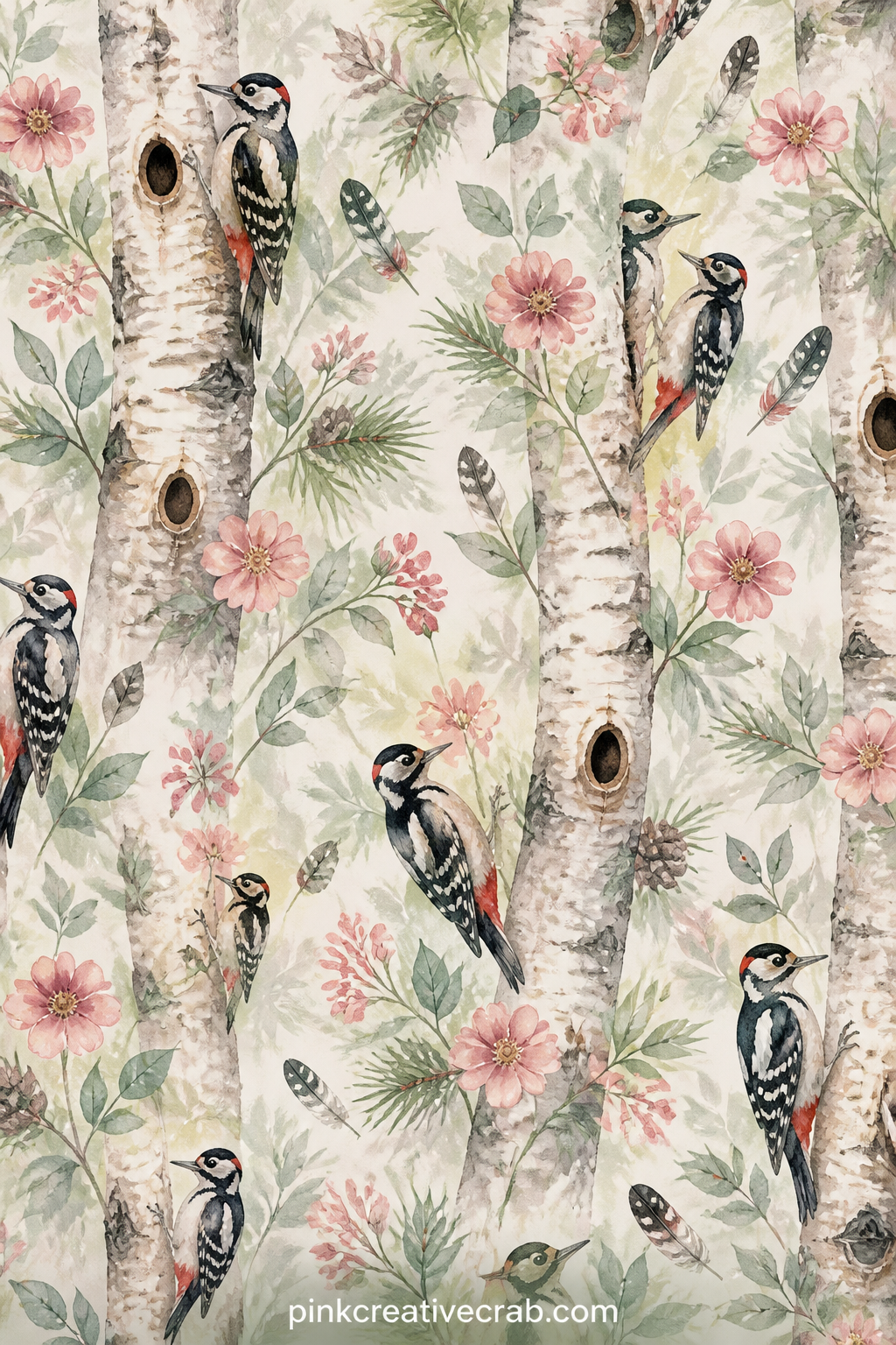 Woodpecker On A Birch Trunk printable page — Glue a small photo of a tree you love, or a scrap from a nature walk, over the lower corner of this page, leaving