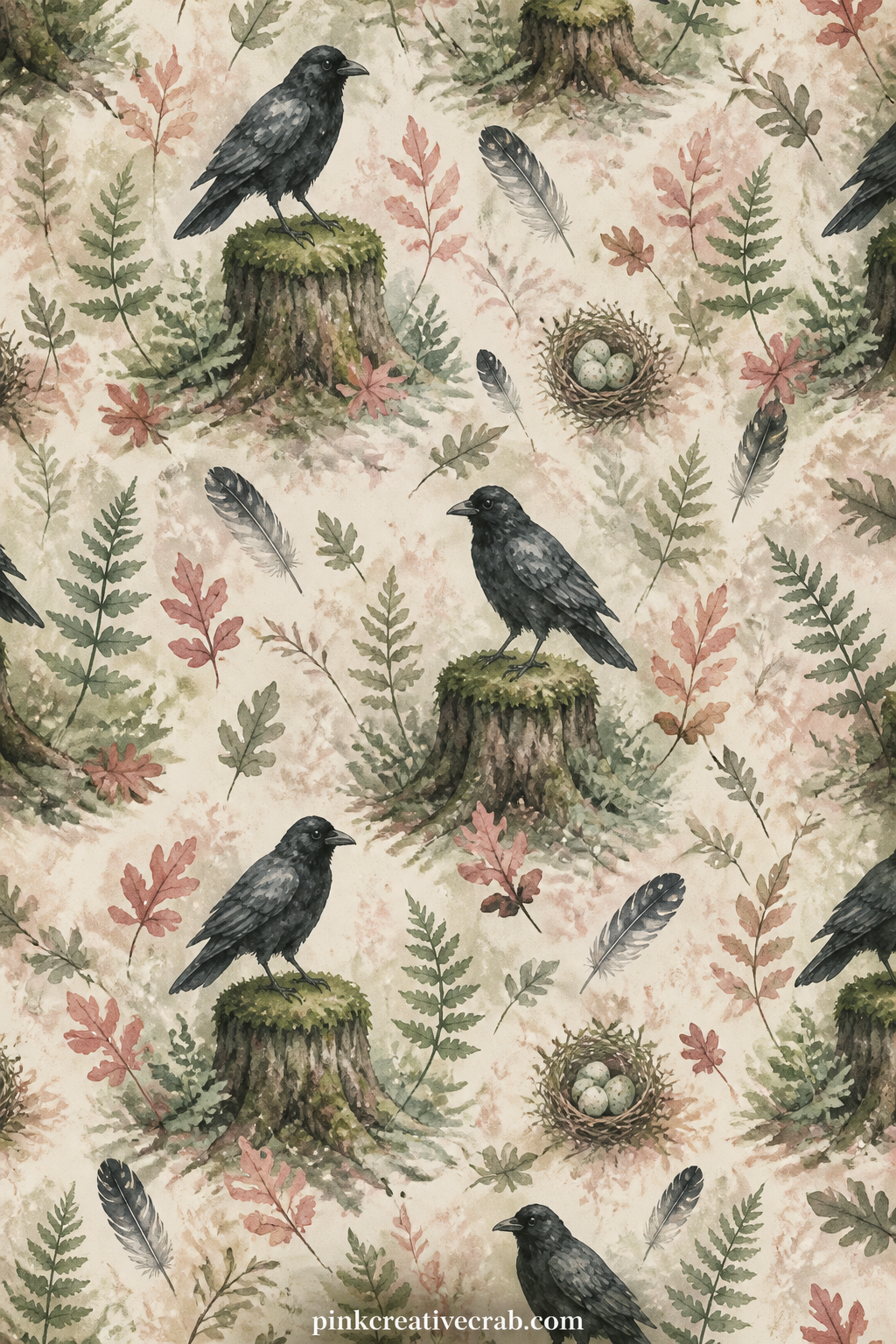 Crow On A Mossy Stump printable page — A crow stands on a mossy stump surrounded by ferns and fallen leaves, watching quietly over a soft, shadowed woodland