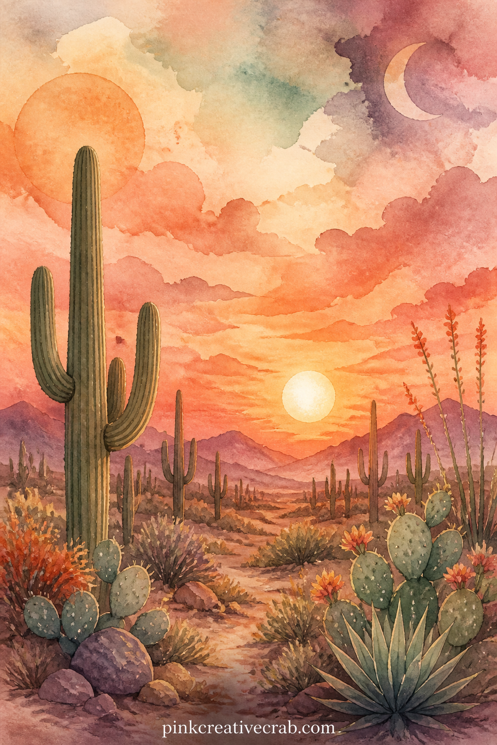 Desert Sunset With Cacti printable page — A wide desert horizon holds a row of saguaro cacti against a terracotta and dusty mustard sky, with low hills fading