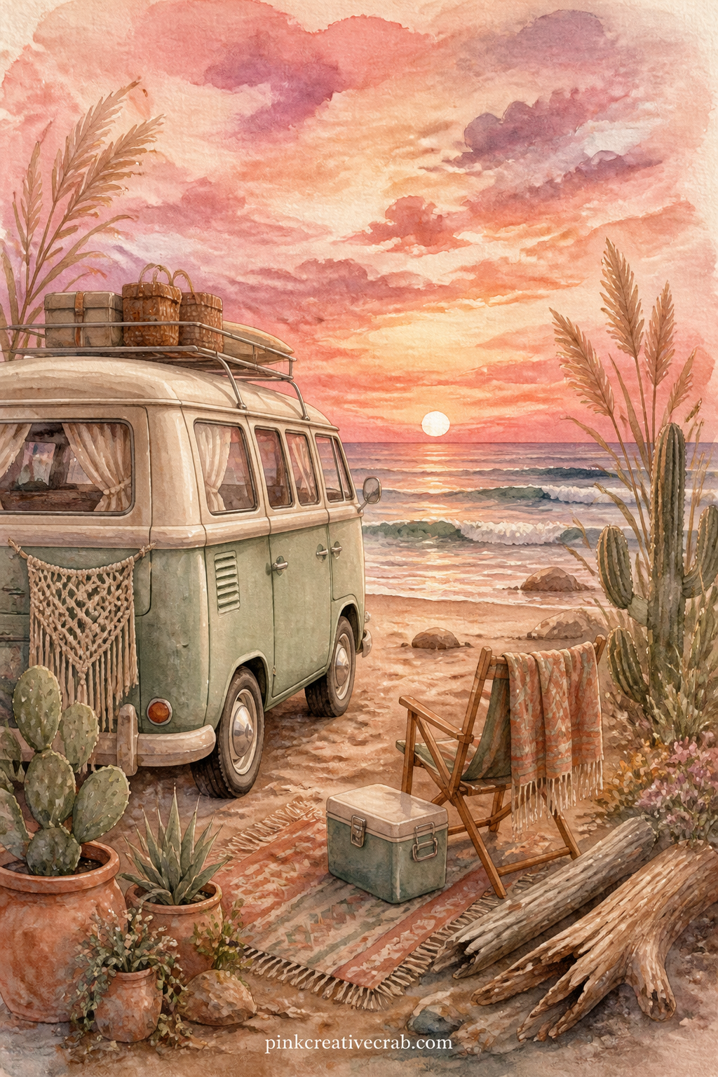 Van Parked By The Ocean printable page — Tuck a torn ticket stub or a pressed leaf along the bottom edge of this page, right where the van's tires meet the