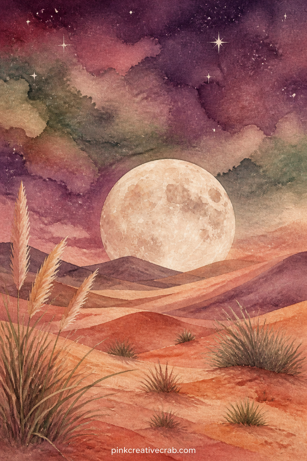 Moonrise Over Dunes printable page — Pair this page with the sun and moon pattern page later in this set, using the pattern as a facing page so the two skies
