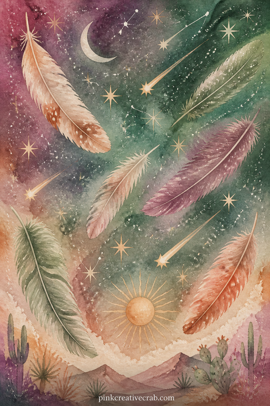 Feathers And Falling Stars printable page — Good for the dreamer in your life, the one who always points out shooting stars, this page pairs feathers drifting