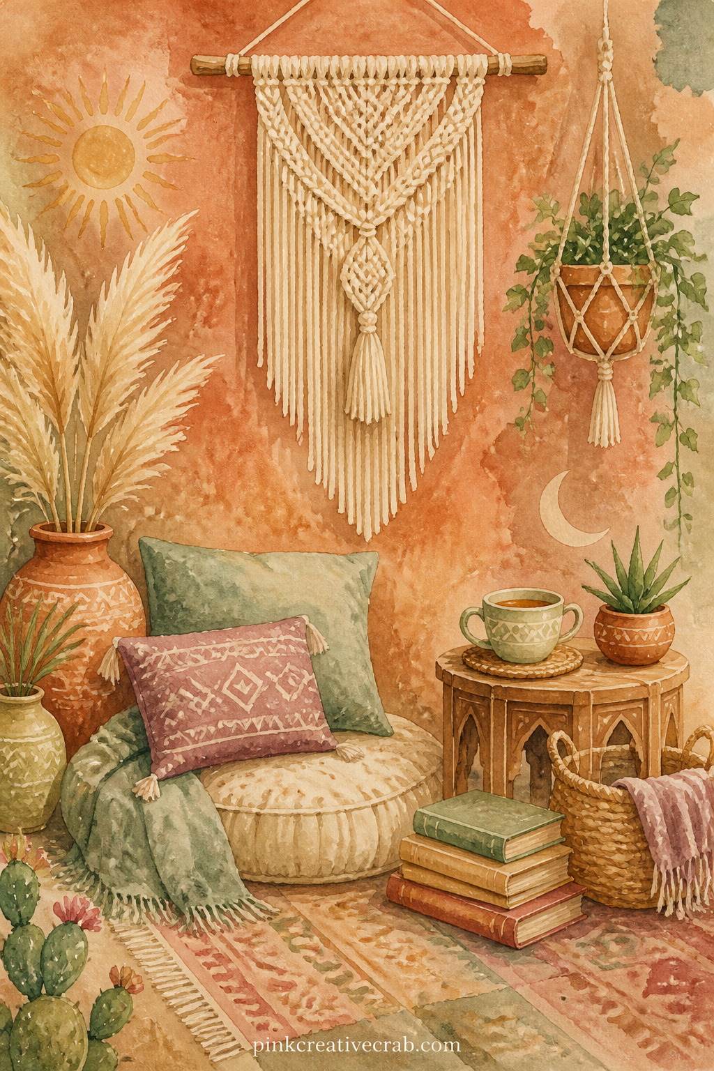 Macrame Reading Corner printable page — What would you tuck into a corner like this one. Boho junk journal