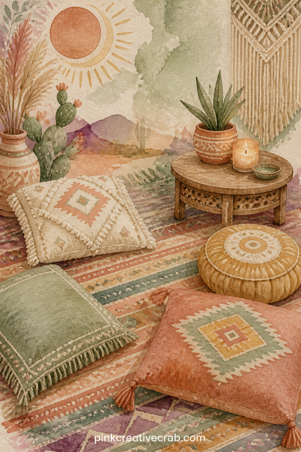 Woven Rug And Floor Cushions printable page — Tear the bottom edge of this page by hand instead of cutting it straight, since a rough edge echoes the fringe on