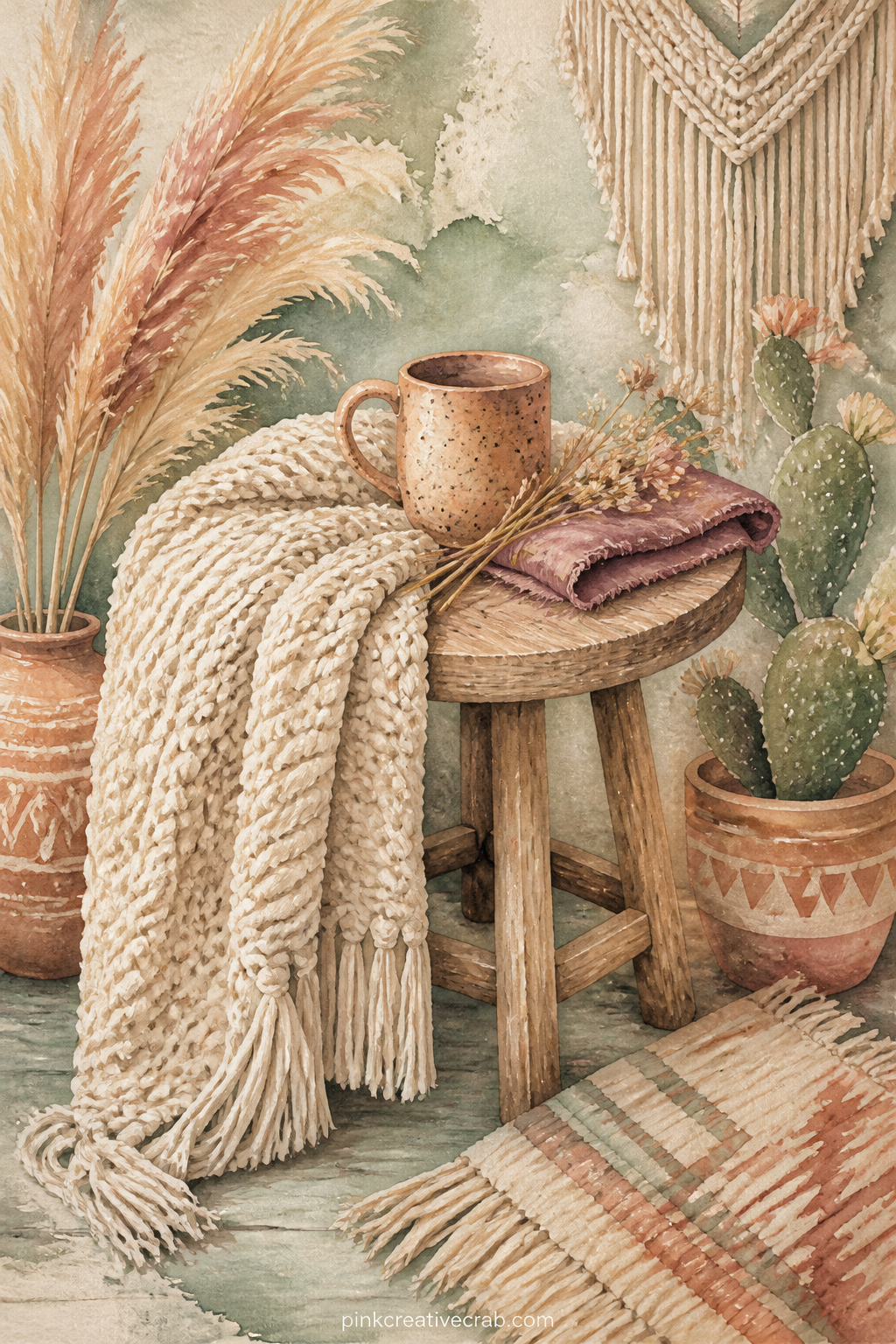 Knitted Throw And Wooden Stool printable page — A chunky knitted throw drapes over a round wooden stool, with a small clay mug, a dried flower sprig and a