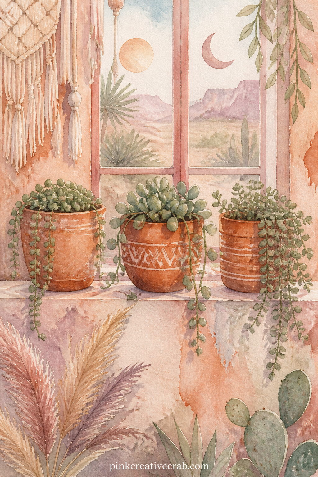 Terracotta Pots On A Windowsill printable page — Place this page across from the macrame reading corner page, letting the terracotta pots echo the wall color