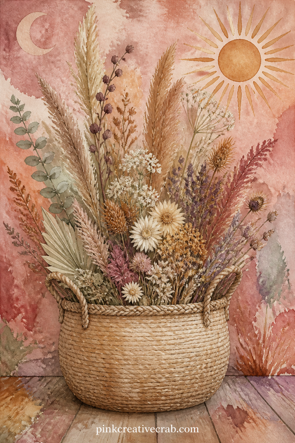 Woven Basket Of Dried Wildflowers printable page — A wide woven basket overflows with a loose mix of dried wildflowers, their stems crossing every which way