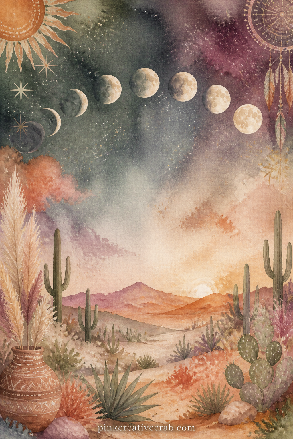 Moon Phases Over The Desert printable page — Write a short wish or intention under each moon phase if the page has room, since the row of shapes naturally