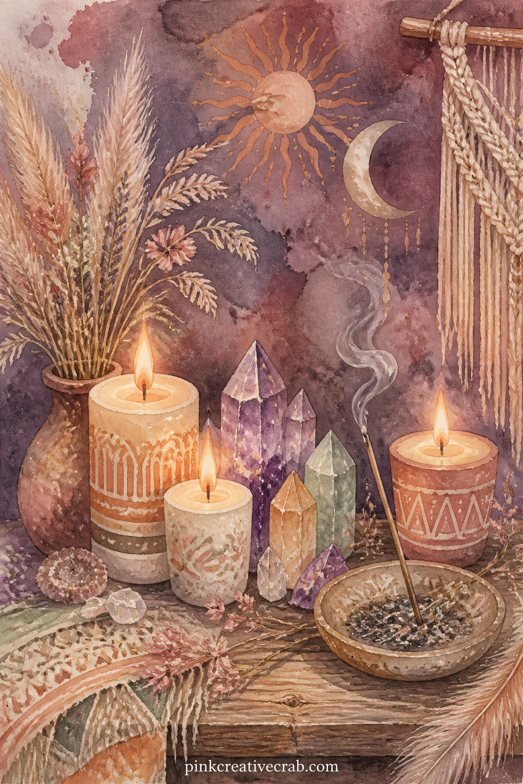 Candlelit Altar With Crystals printable page — A low wooden table holds three lit candles, a cluster of raw crystals, a dried flower sprig and a small dish of