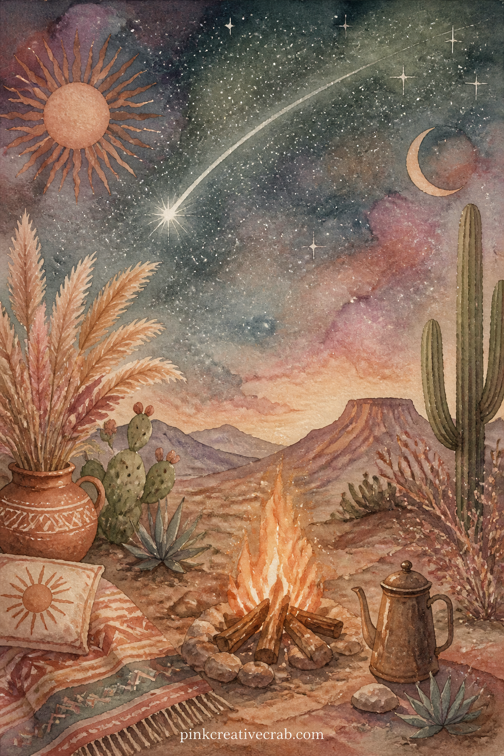 Shooting Star Over A Campfire printable page — Pair this page with the moonrise over dunes page from earlier in the set, so a reader flipping through meets two