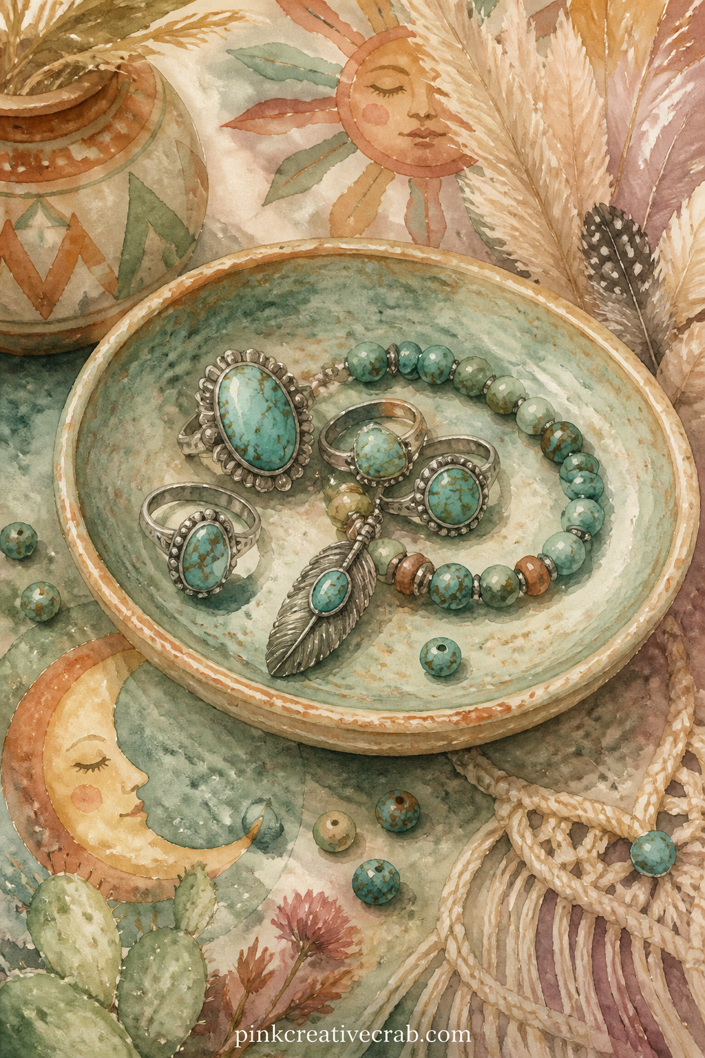 Turquoise Jewelry On A Dish printable page — Scattered turquoise rings, a beaded bracelet and a small feather charm rest together on a shallow ceramic dish