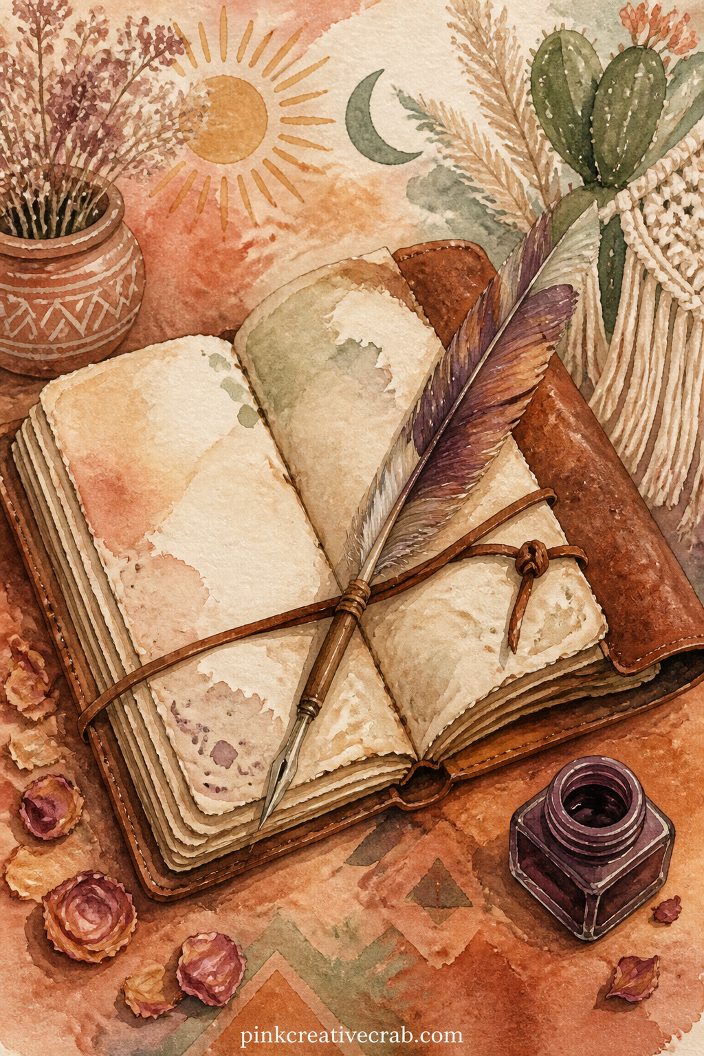 Leather Journal And Feather Pen printable page — The usual mistake with a still life like this is centering the journal exactly in the middle, which leaves the