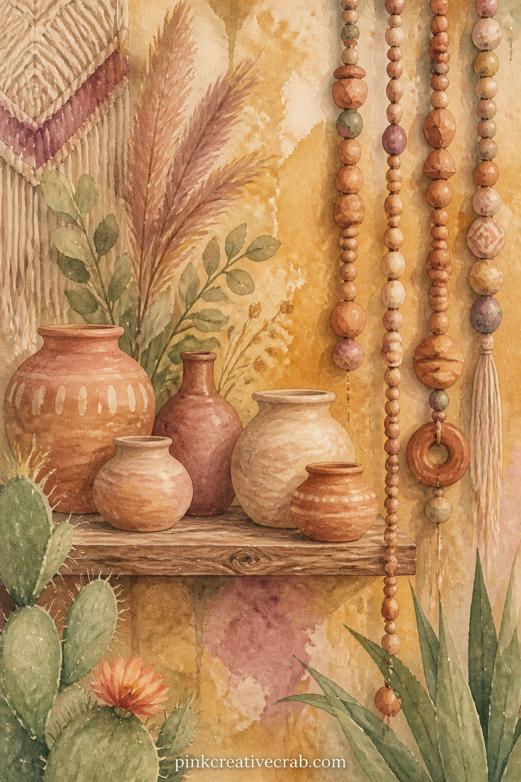 Clay Pots And Hanging Beads printable page — Write a short gratitude line for something handmade you own on this page, since the clay pots and beaded strands
