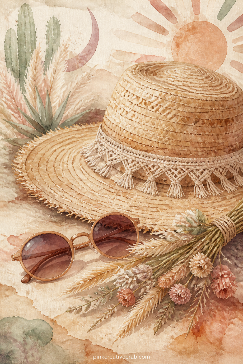 Woven Sun Hat And Sunglasses printable page — A wide-brimmed woven sun hat rests beside a pair of round sunglasses and a small bundle of dried flowers, as if