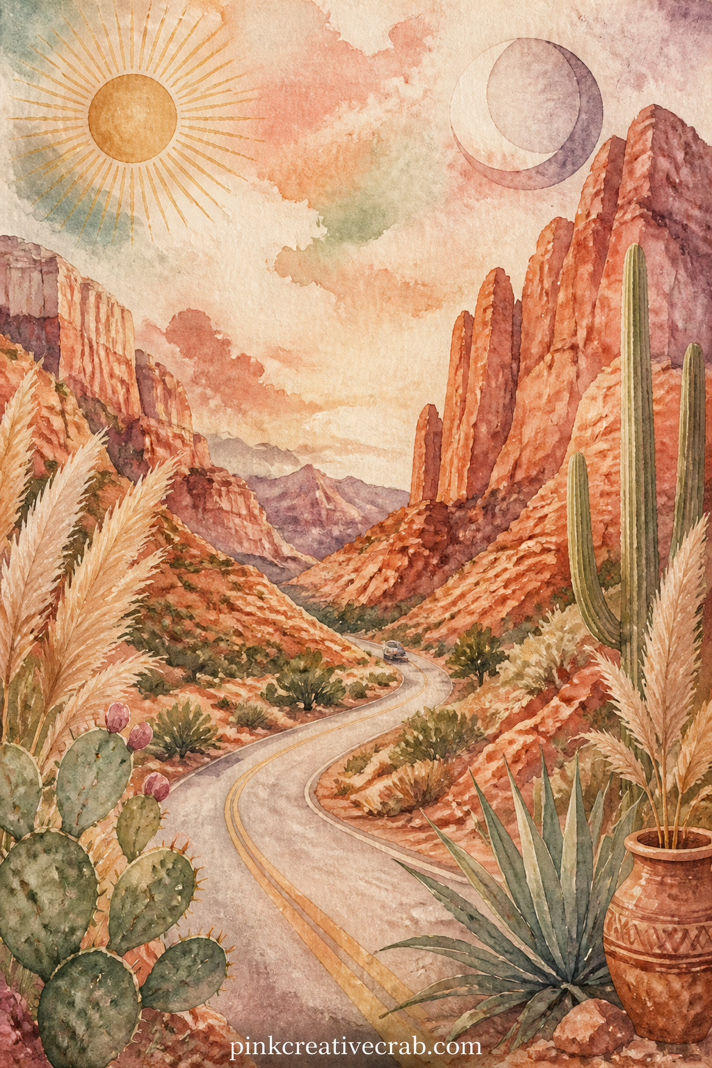 Open Road Through Red Rock Canyon printable page — A narrow road curves through a red rock canyon, with a distant car, scattered desert shrubs and a wide warm