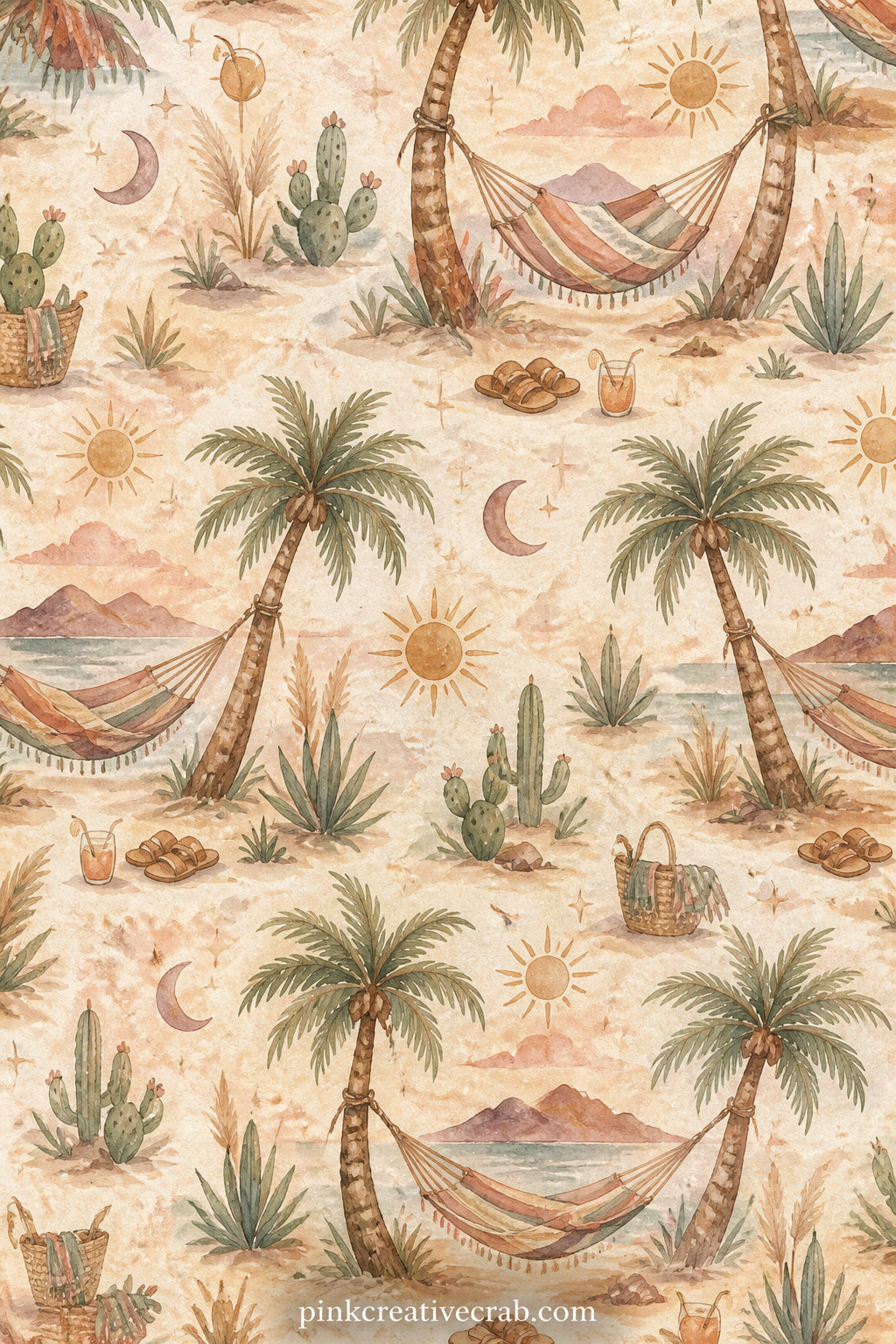 Hammock Between Two Palms printable page — A striped hammock hangs between two palm trees over soft sand, with a pair of sandals, a straw bag and a