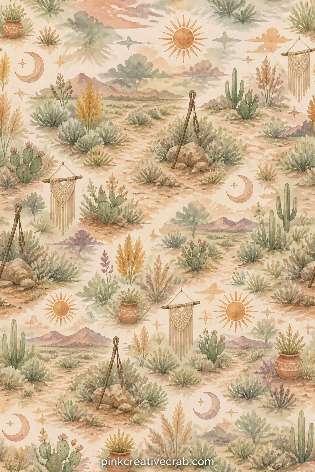 Trail Through Sage Brush printable page — A worn dirt trail cuts through low sage brush toward distant hills, with a walking stick leaning against a trailside