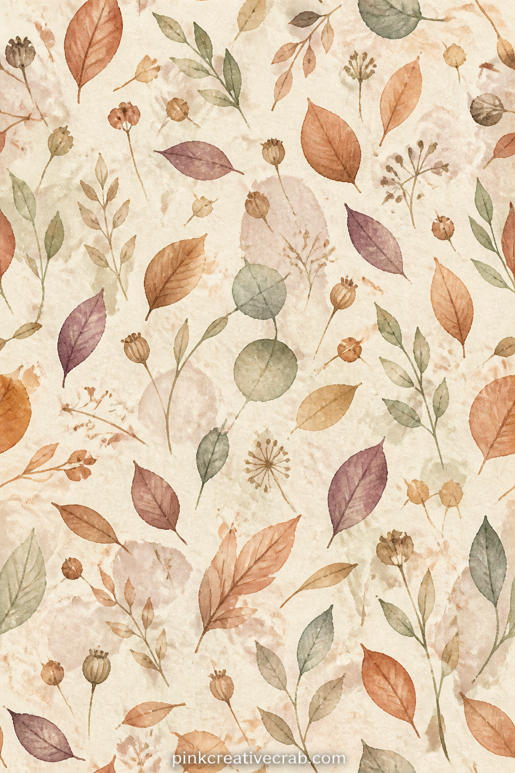 Scattered Fallen Leaves Pattern printable page — A seamless scatter of small dried leaves in terracotta and sage tones repeats edge to edge. Boho junk journal