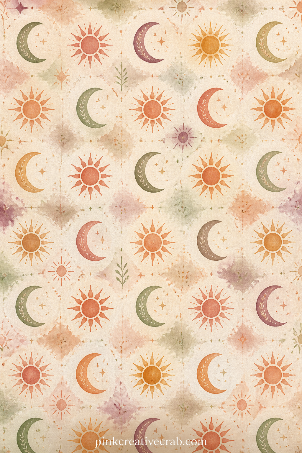 Sun And Moon Motif Pattern printable page — Tiny suns and crescent moons alternate in loose rows across the whole sheet. Boho junk journal