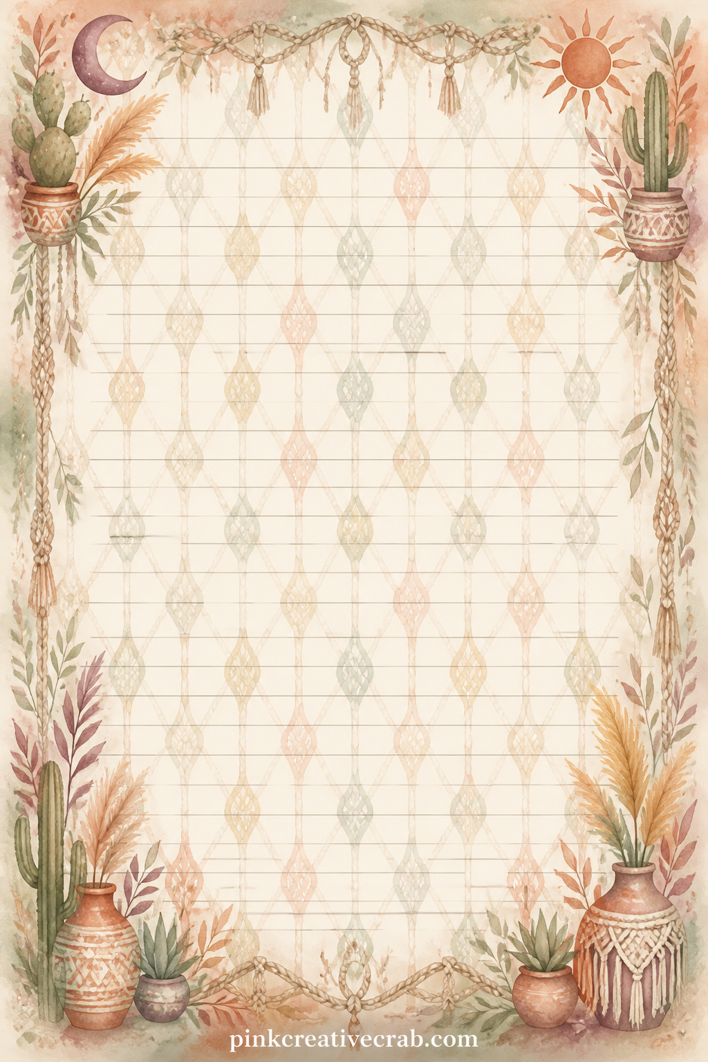Macrame Knot Texture Pattern printable page — Rows of small knotted macrame shapes repeat across the page like woven rope texture. Boho junk journal