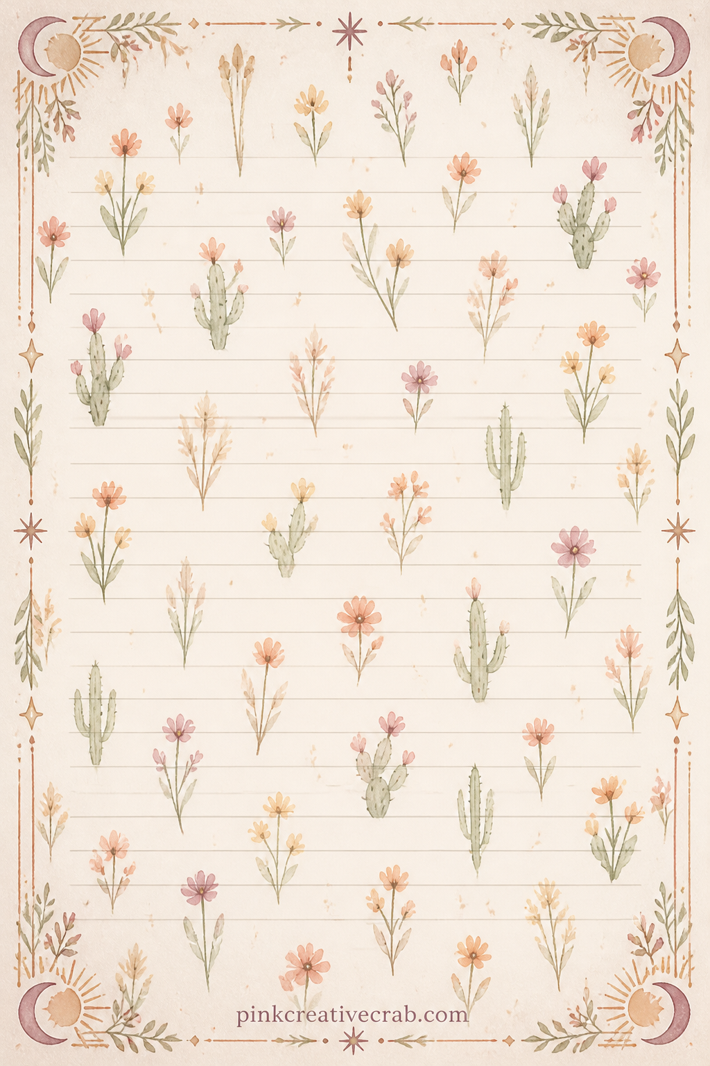 Desert Floral Sprig Pattern printable page — Small desert flowers and thin cactus sprigs scatter evenly across the whole sheet. Boho junk journal