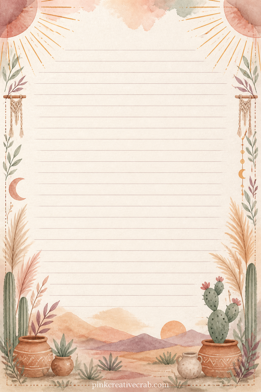 Sun Rays Corner Lined Page printable page — Rays of soft terracotta sun spread from the top corners around faint ruled lines. Boho junk journal