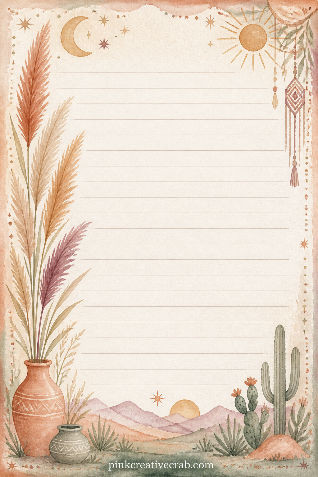Pampas Grass Border Lined Page printable page — Thin pampas grass stems frame the left edge beside faint ruled lines. Boho junk journal