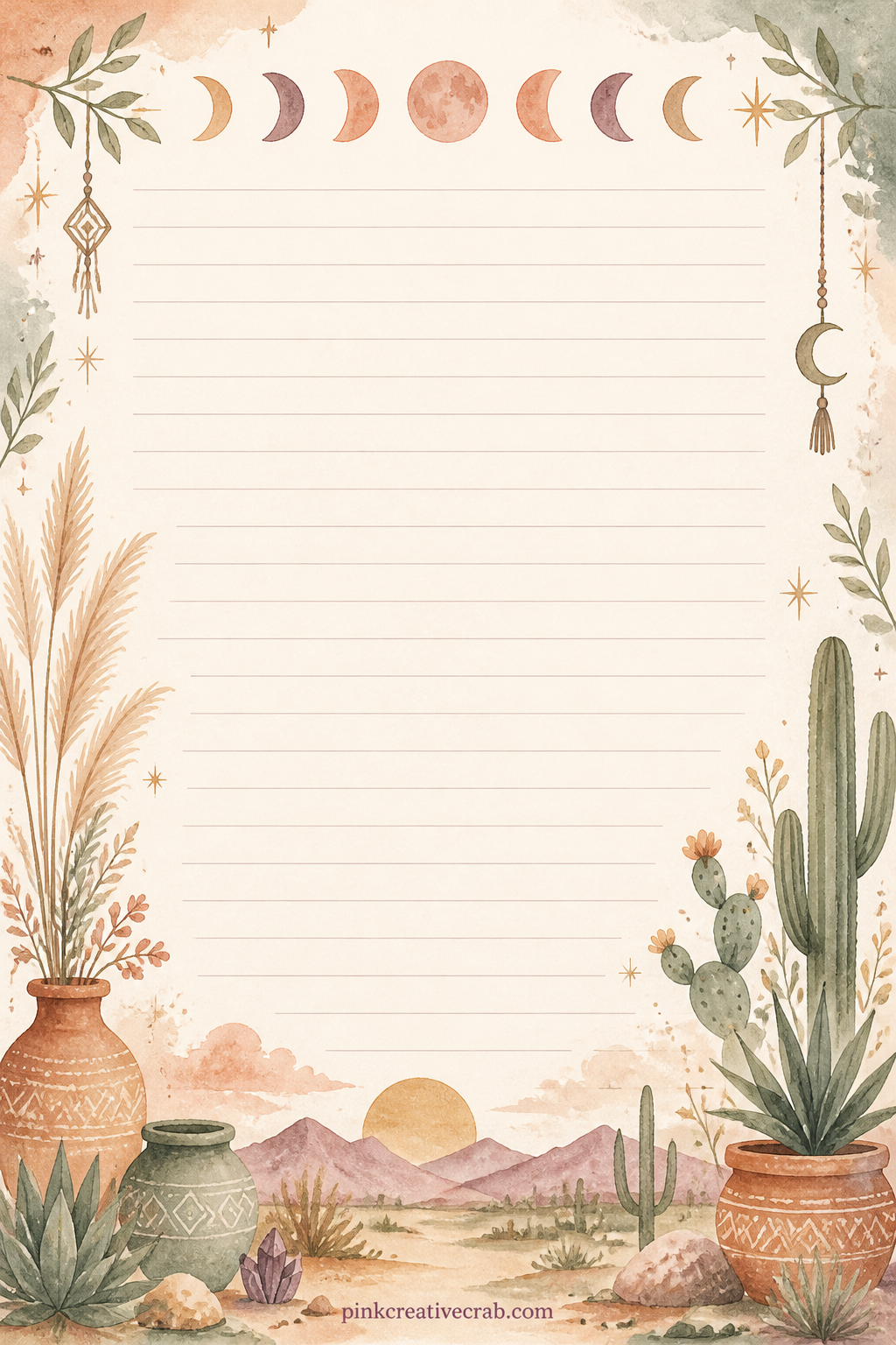 Moon Phase Frame Lined Page printable page — A row of small moon phases sits along the top edge above faint ruled lines. Boho junk journal