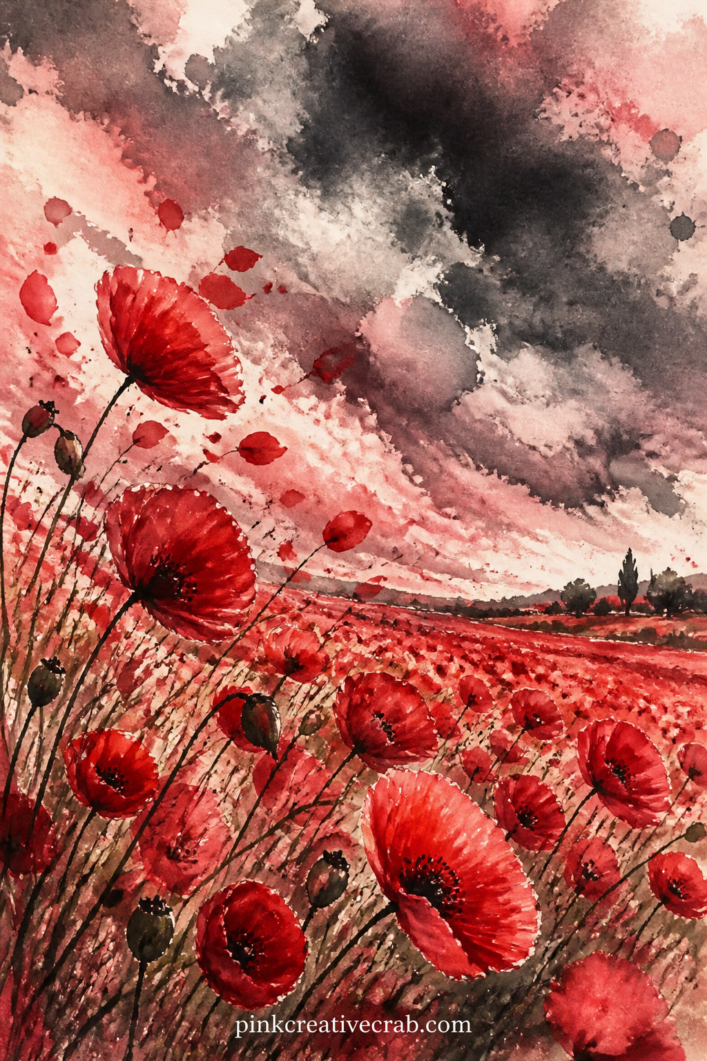 Poppy Field Under Storm Clouds printable page — Give this one five minutes flat: wash the sky in grey behind the poppies, let it bleed, then move straight on