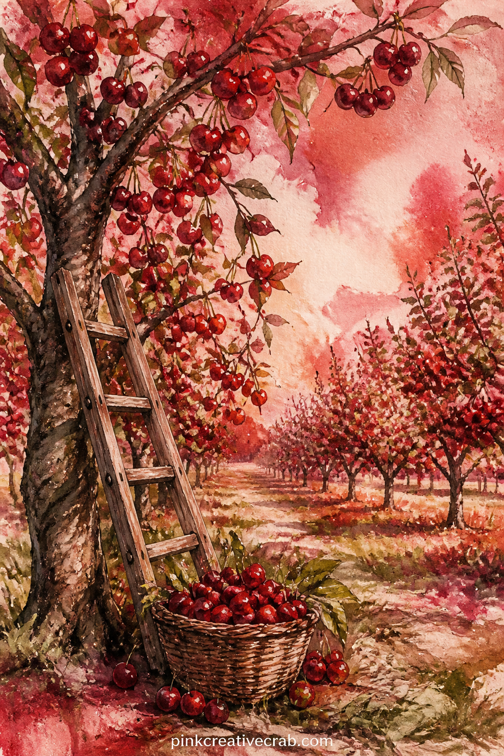 Cherry Orchard at Harvest printable page — Tuck a real orchard memory here, a ticket from a pick-your-own farm, a pressed leaf, or a handwritten note of the