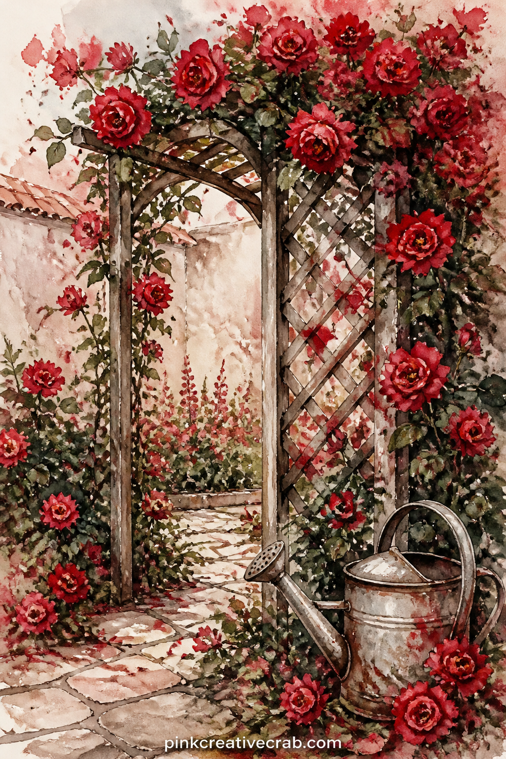 Rose Garden Trellis printable page — Pair this page with the gingham and strawberry pattern a few sheets ahead: use the pattern as a facing page so the
