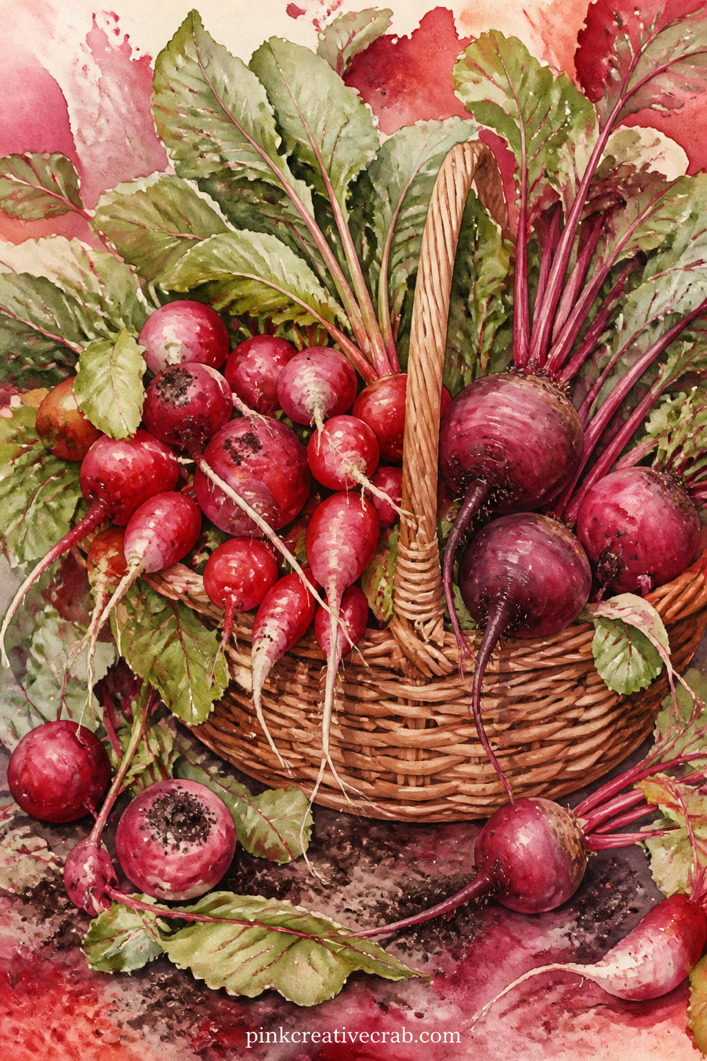 Radish and Beet Harvest Basket printable page — Journalers often paint the vegetables too neatly and the page goes flat. Red junk journal