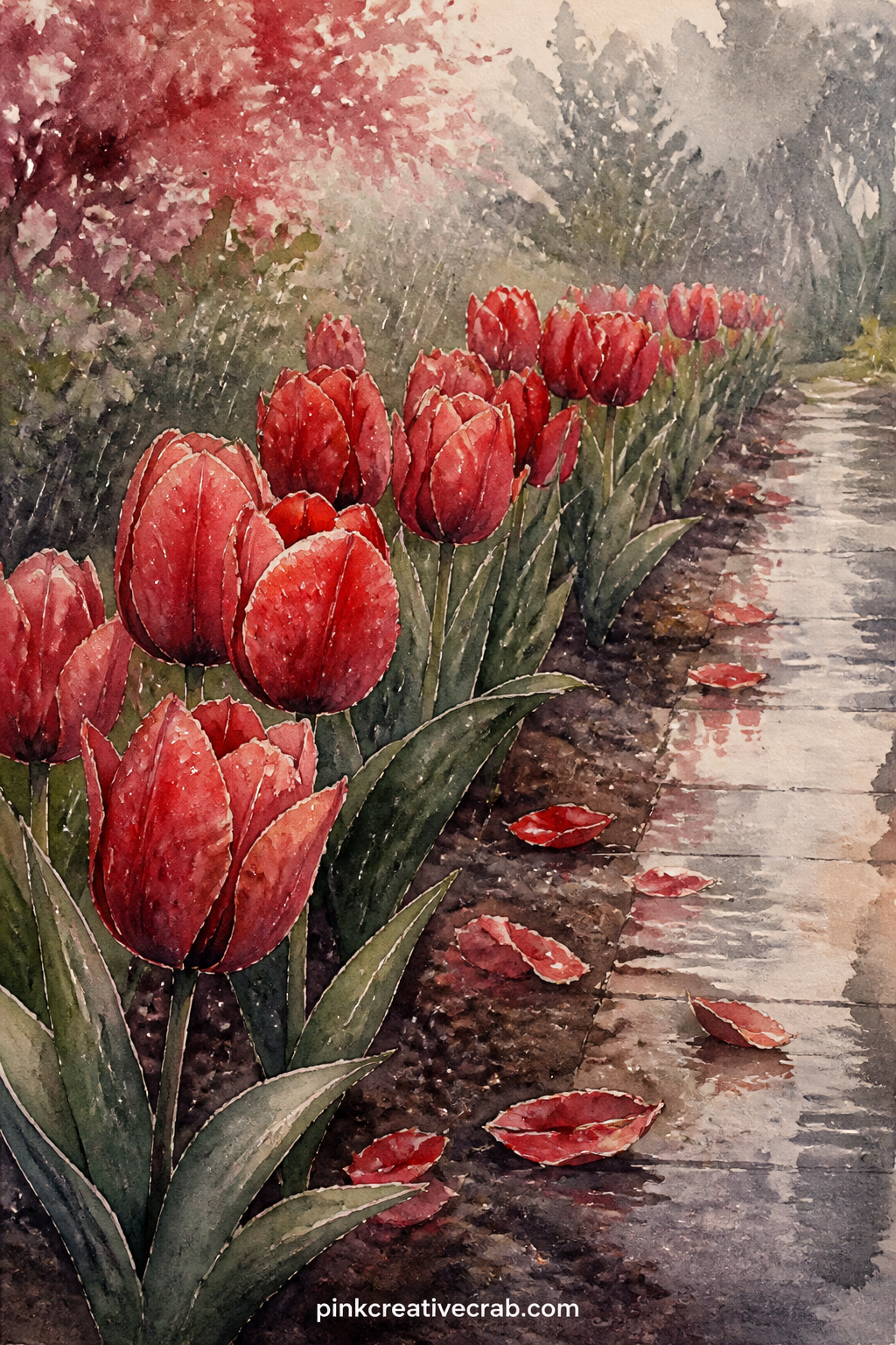 Red Tulip Row in Spring Rain printable page — What made these tulips worth planting this year, and who tends the bed now. Red junk journal