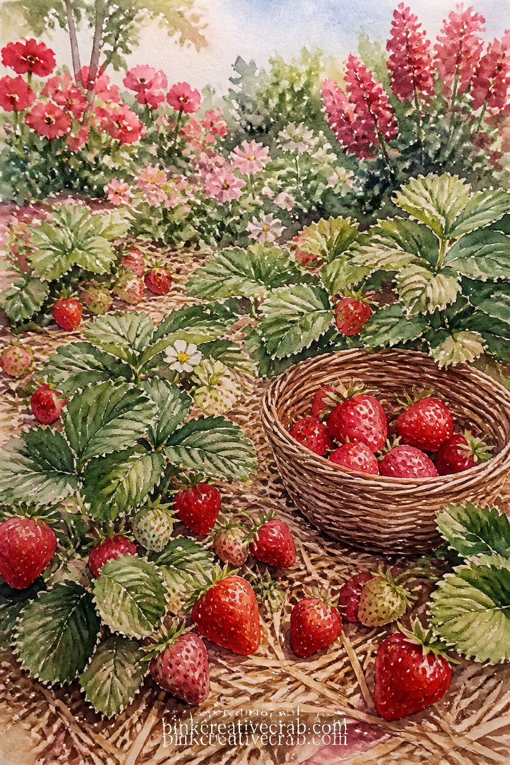Strawberry Patch at Noon printable page — Glue a seed packet or a scrap of garden twine onto the corner of this page before the paint fully sets, so it sits