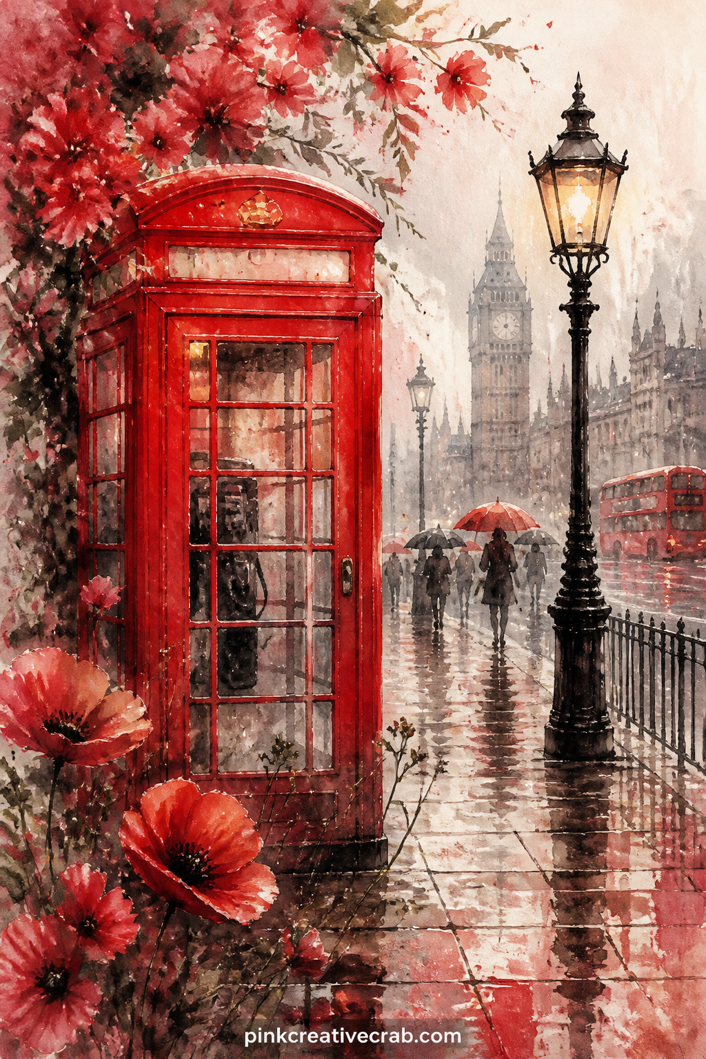 Red Phone Booth in the Rain printable page — Skip color for this one and stay with the story, since it carries the page alone: a lone red phone booth stands on