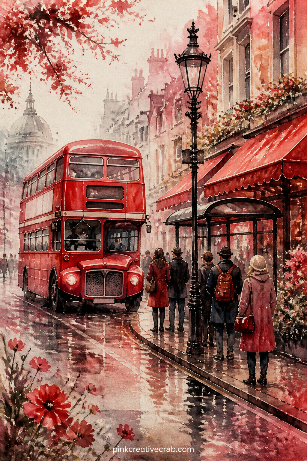 Red Double-Decker Bus Stop printable page — Most people paint the bus too large and crowd the street around it. Red junk journal