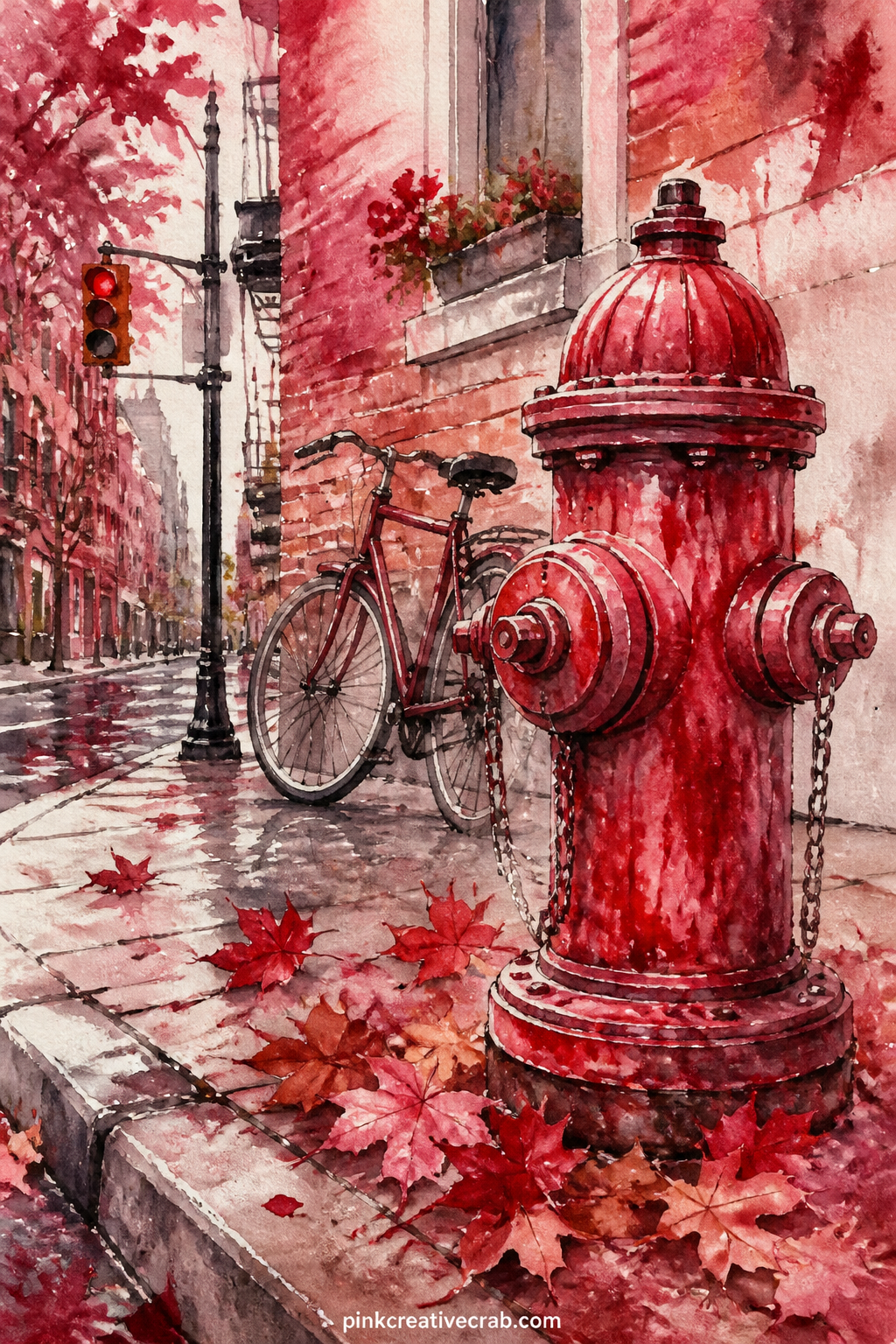 Fire Hydrant on a City Corner printable page — A single red fire hydrant stands on a quiet street corner, with fallen autumn leaves gathered at its base and