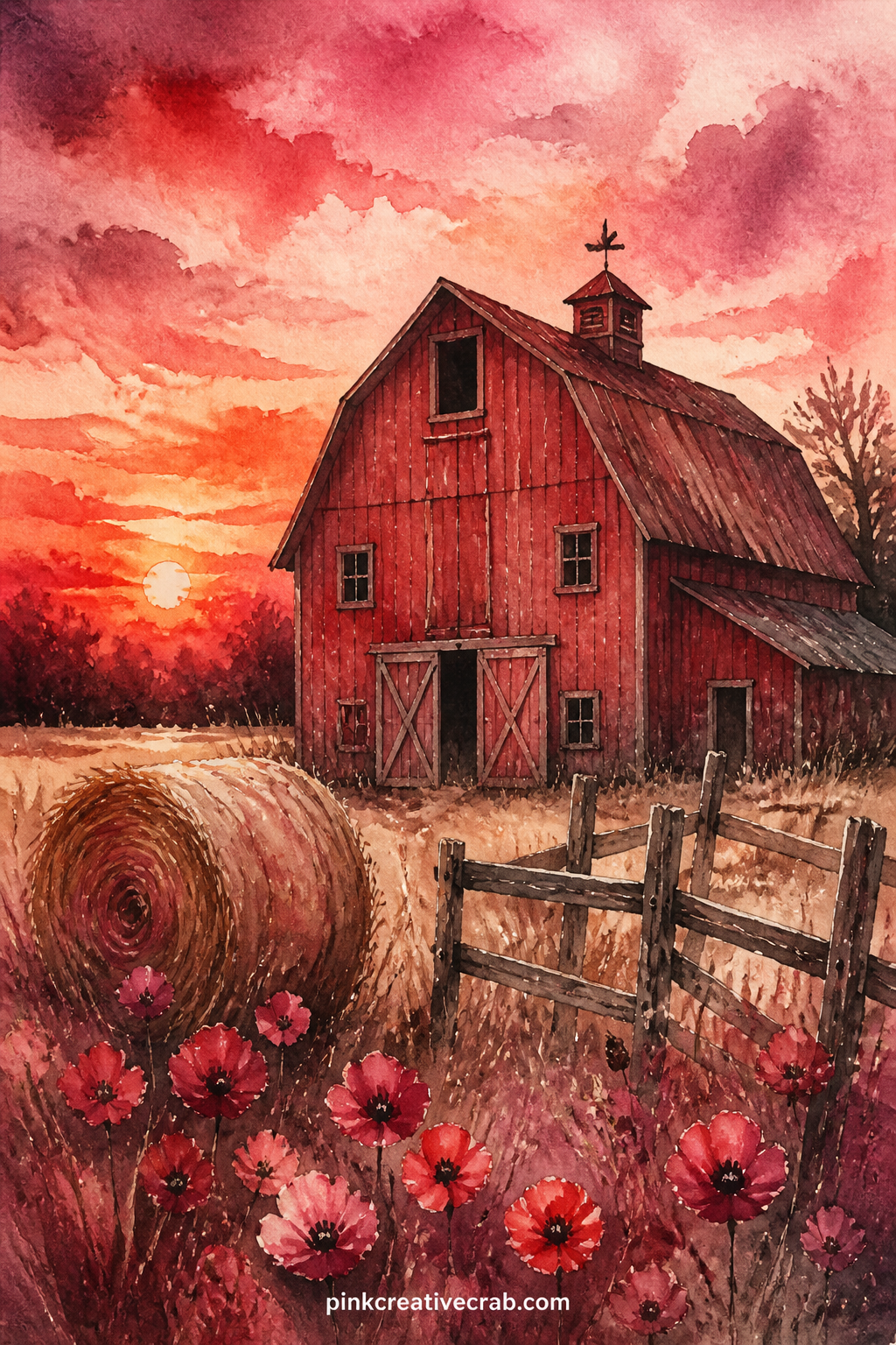 Red Barn at Dusk printable page — Write what this barn means to you in two lines at the bottom edge, then trim the page slightly short so the words show when