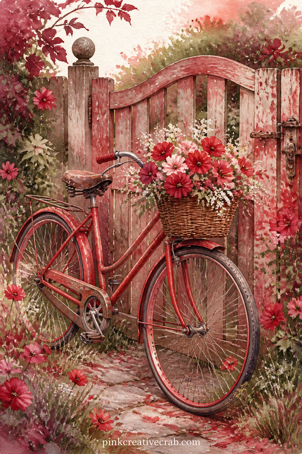 Vintage Red Bicycle by a Gate printable page — Beside this page, lay the velvet curtain scene from the theatre section further on: the quiet street and the
