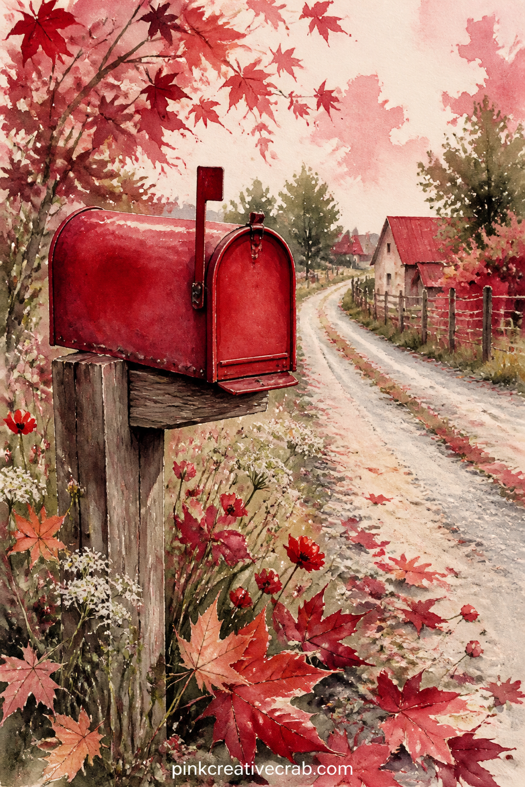 Red Mailbox on a Country Lane printable page — Someone is waiting on a letter here, so use the space to write who it is and what you hope the post will bring
