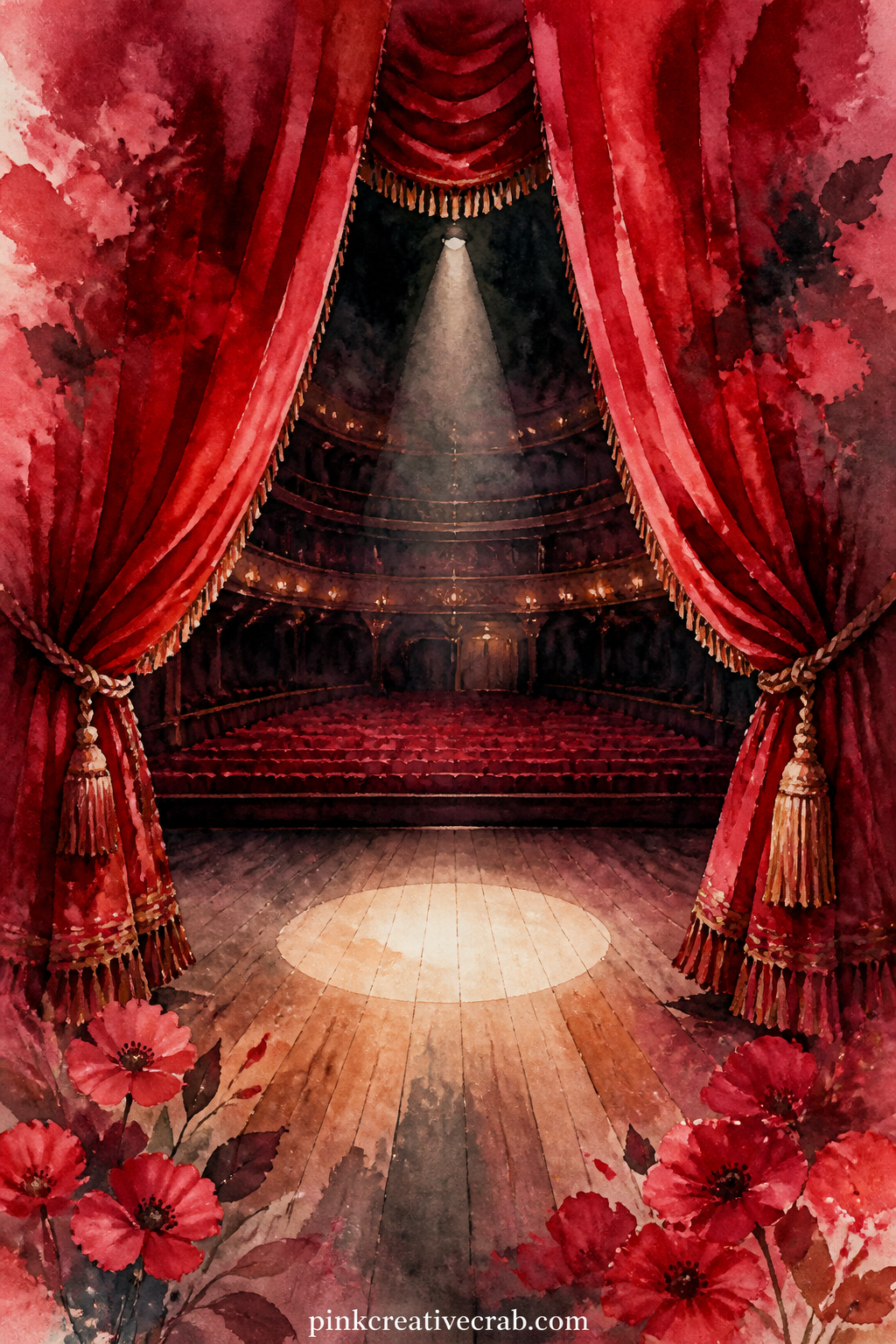 Velvet Theatre Curtain Opening printable page — Deep folds of red velvet pull back from an empty lit stage, with the house lights still low and a single
