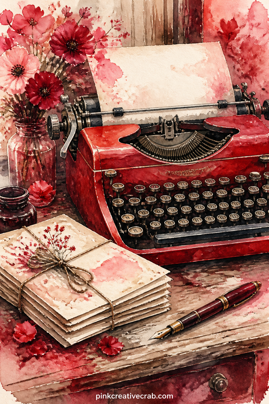 Vintage Red Typewriter and Letters printable page — Old correspondence belongs near old machines. Red junk journal