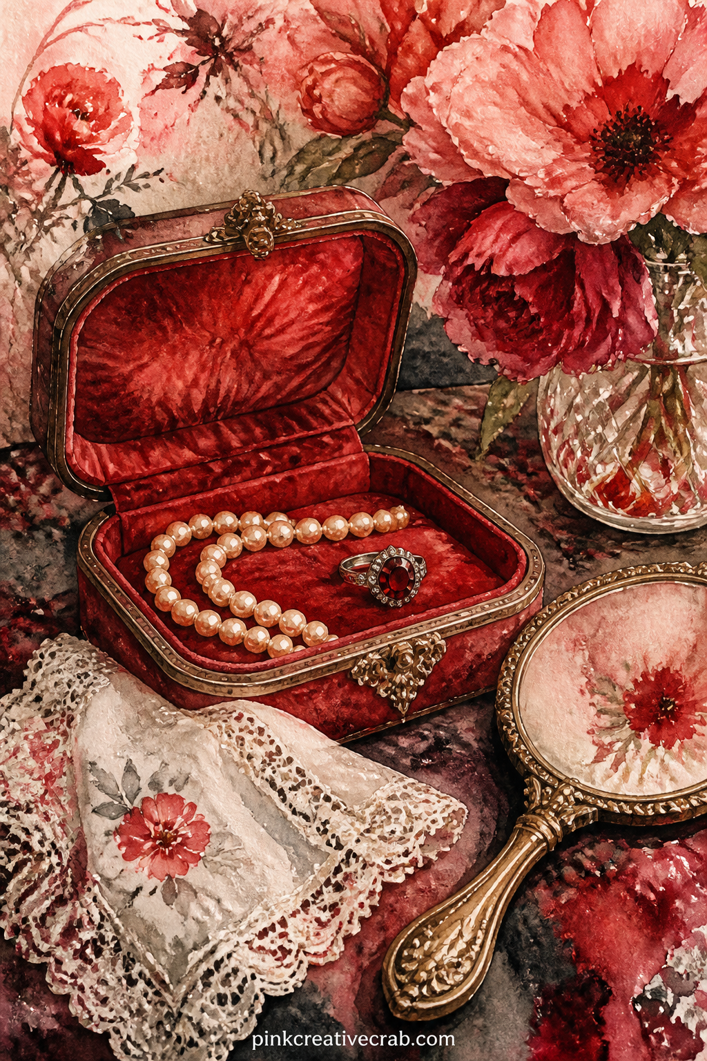 Red Velvet Jewelry Box printable page — An open red velvet jewelry box reveals a string of pearls and a single ring resting on its lining, with a hand mirror