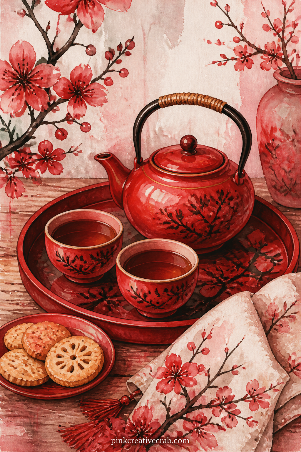 Red Lacquer Tea Set printable page — Anyone building a cookbook junk journal alongside this one can borrow this page for the tea chapter without it clashing