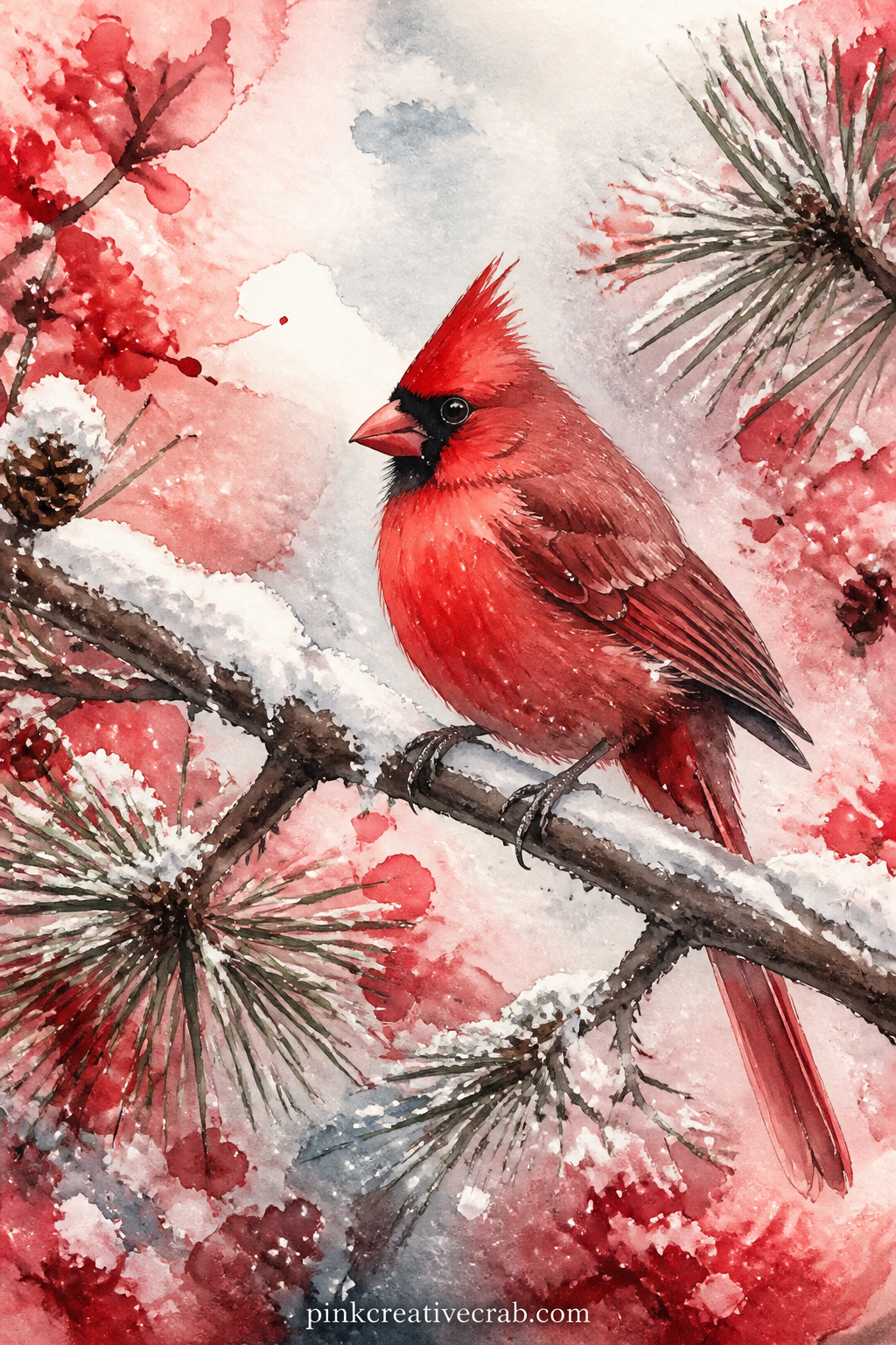 Cardinal on a Snowy Branch printable page — A single cardinal perches on a snow-dusted branch, its red feathers bright against the white, with a few pine