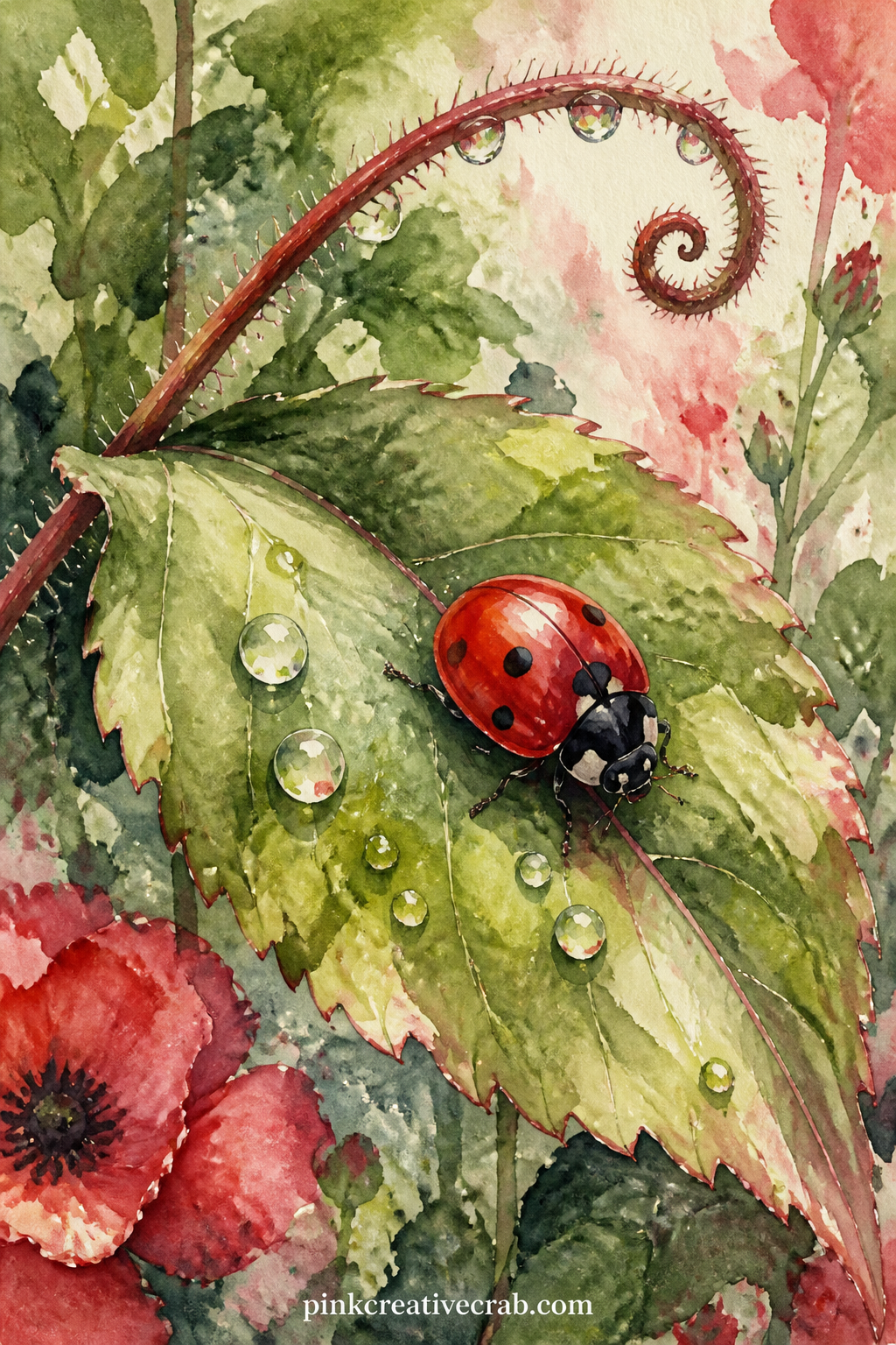 Ladybird on a Green Leaf printable page — Most painters make the ladybird too large for the leaf it sits on. Red junk journal