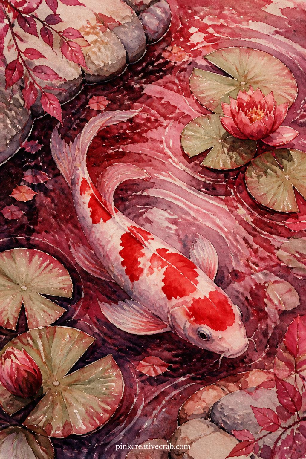 Koi Fish in a Red Pond printable page — A red and white koi fish circles slow water, its reflection broken by ripples, with lily pads and a stone edge painted