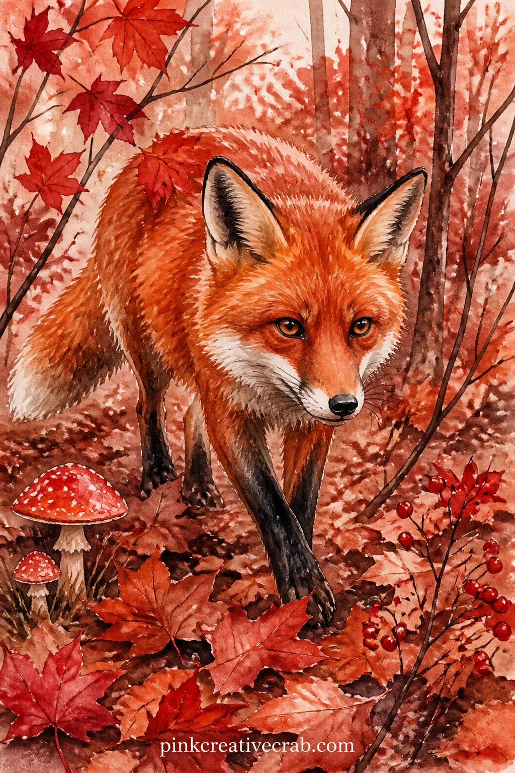 Red Fox in Autumn Woods printable page — Write the prompt at the bottom in pencil first: what is this fox running toward, or away from, and answer it once the