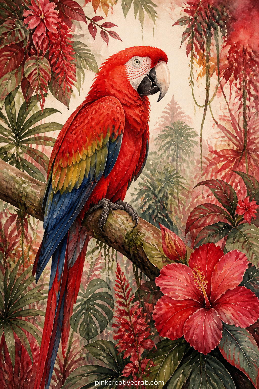 Red Parrot on a Branch printable page — A scarlet macaw rests on a jungle branch, its tail feathers trailing below, with broad green leaves and a few hanging